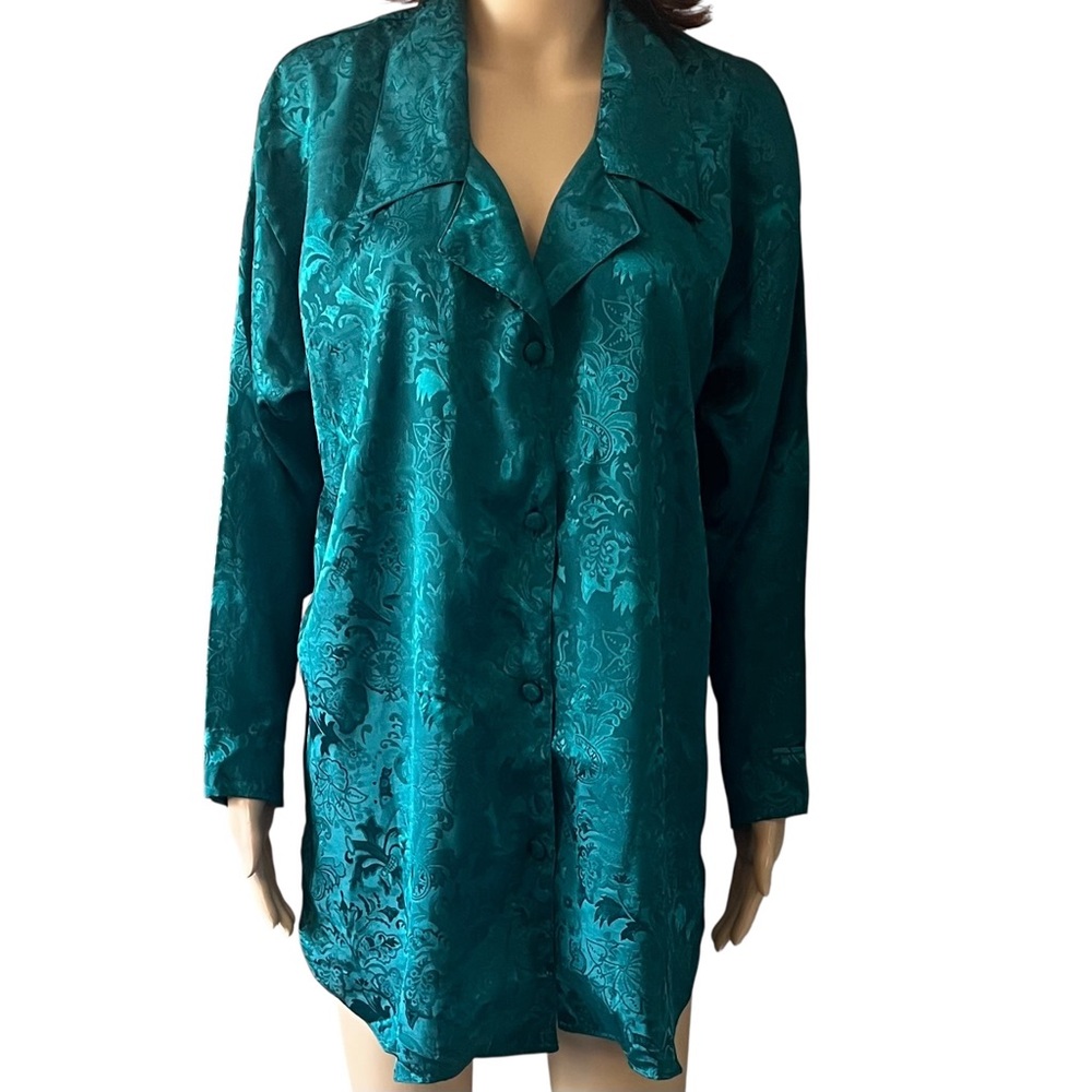 Vintage Victoria's Secret Gold Label Emerald Floral Damask Satin Sleep Shirt - Picture 9 of 10